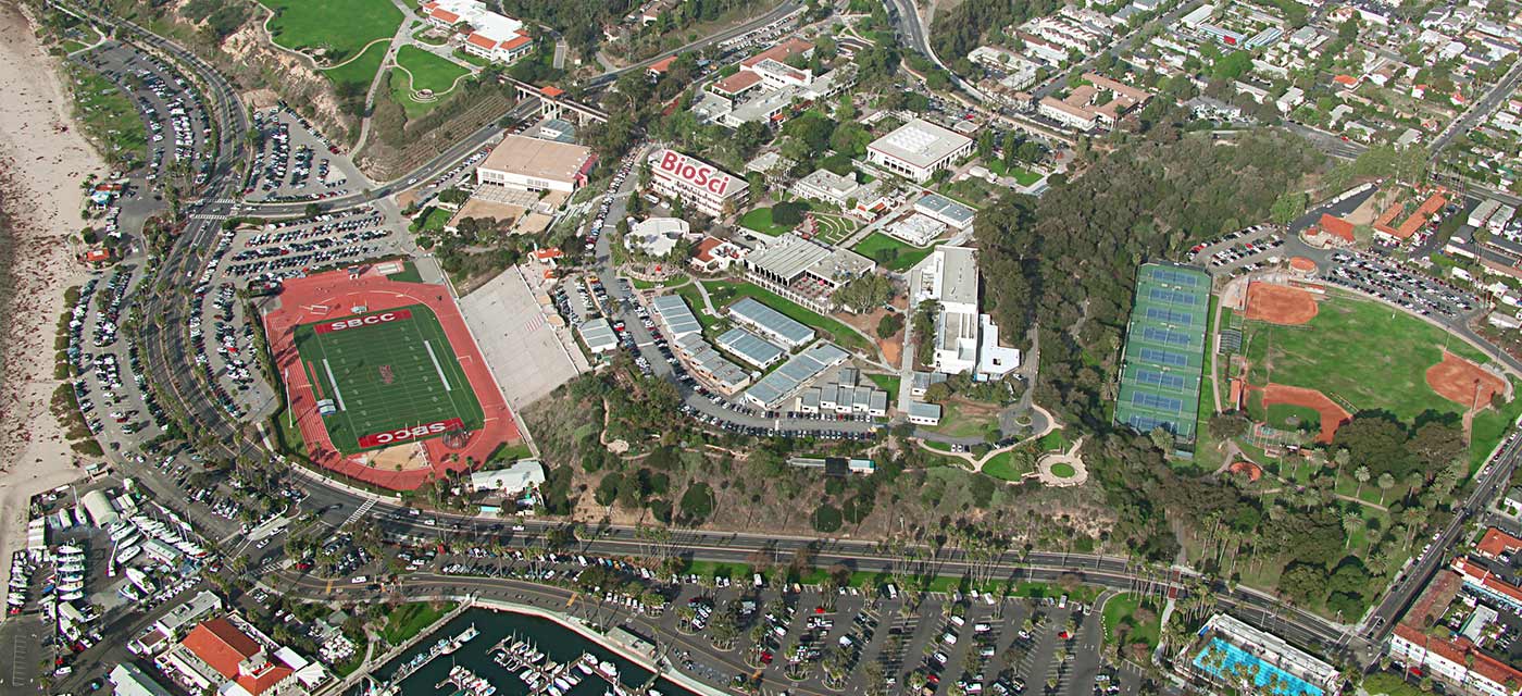 Aerial view of SBCC West Campus with the EBS building in the middle